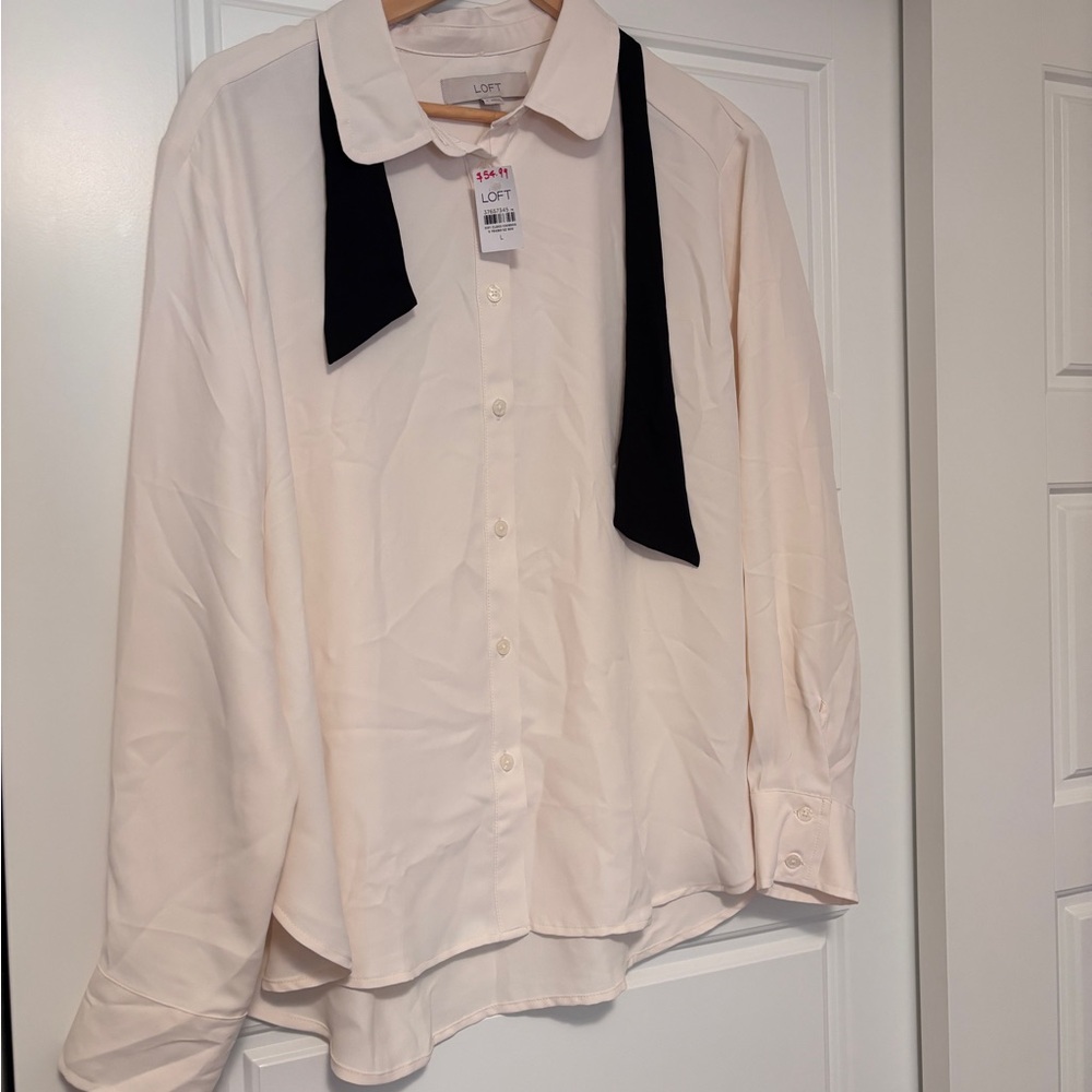 LOFT Cream Blouse with Black Tie Detail NWT